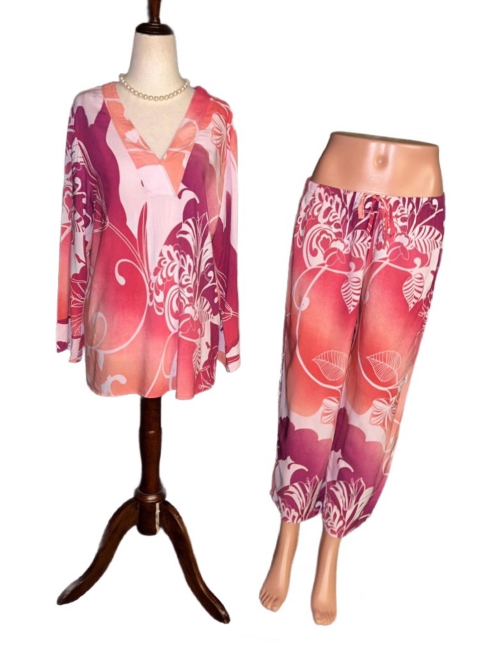 Natori ~ Medium ~ Vintage ~ Floral ~ Pink ~ Boho ~ Sleepwear 2 Piece Pajamas Set